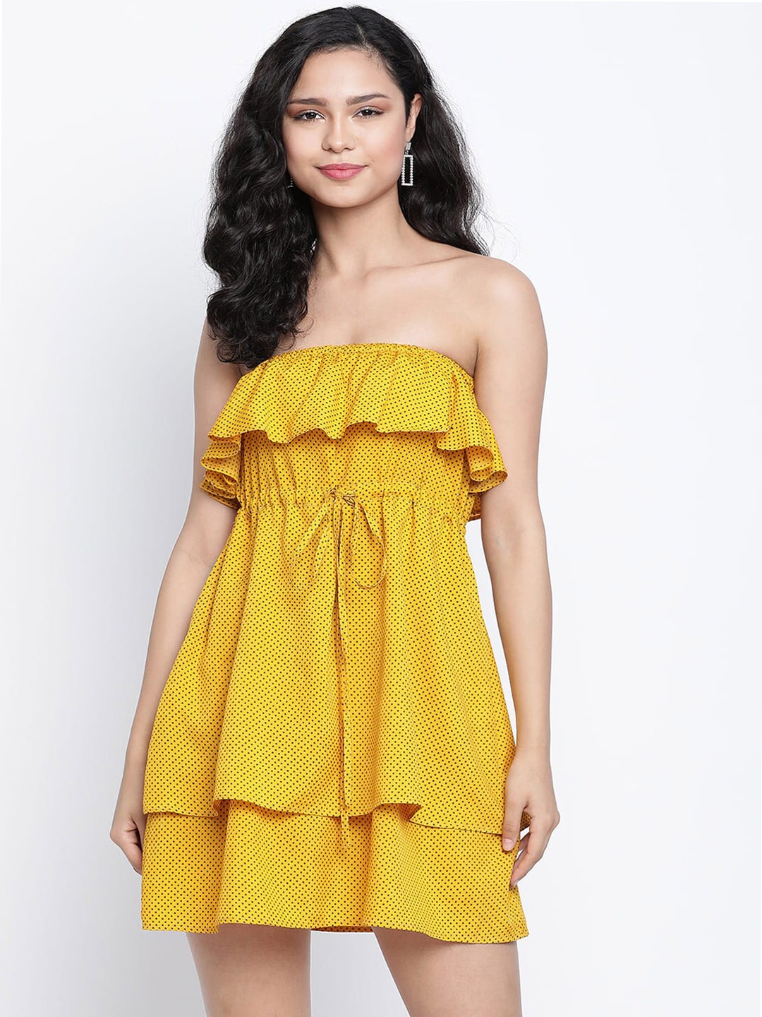 

DRAAX Fashions Polka Dots Printed Strapless Tie Up Layered Fit & Flare Dress, Yellow