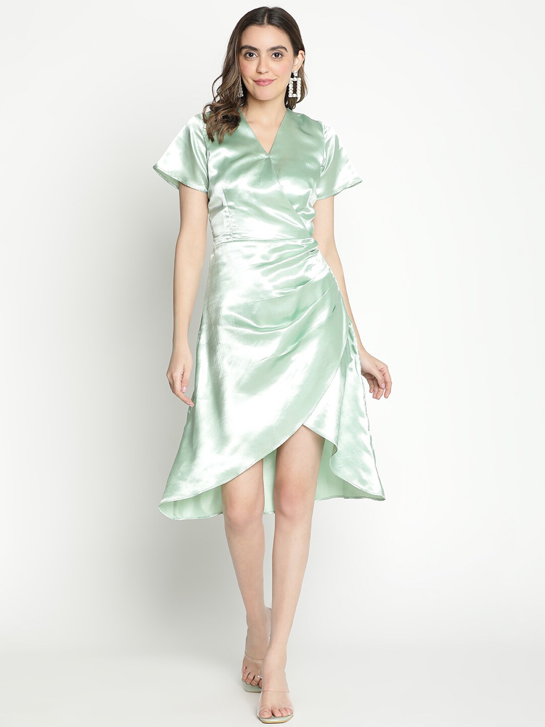 

DRAAX Fashions V-Neck Satin A-Line Dress, Green