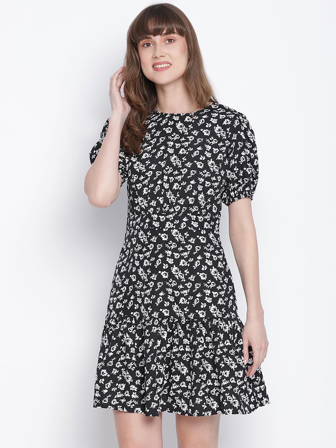 

DRAAX Fashions Printed Puff Sleeved A-Line Dress, Black