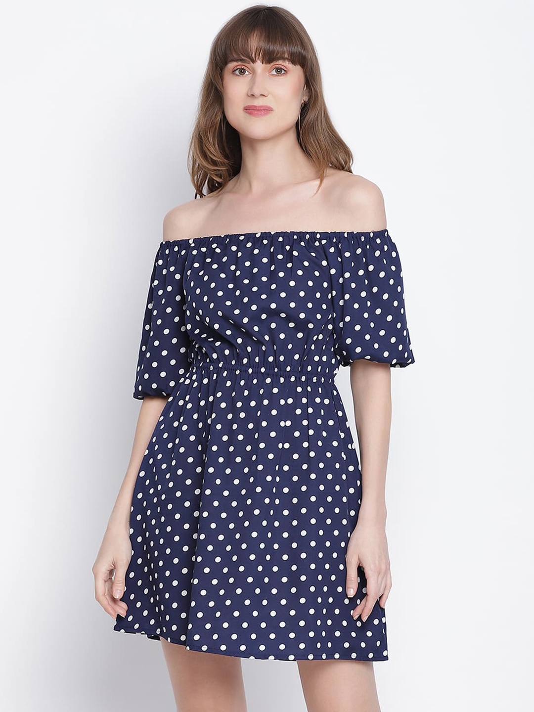 

DRAAX Fashions Polka Dot Printed Off-Shoulder A-Line Dress, Blue