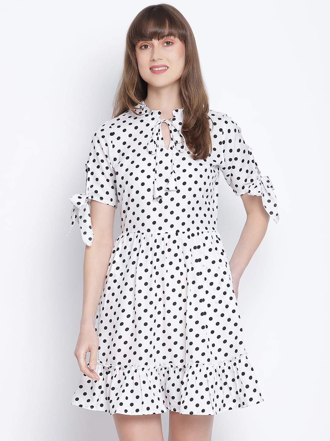 

DRAAX Fashions Polka Dots Printed Tie-Up Neck Fit and Flare A-Line Dress, White