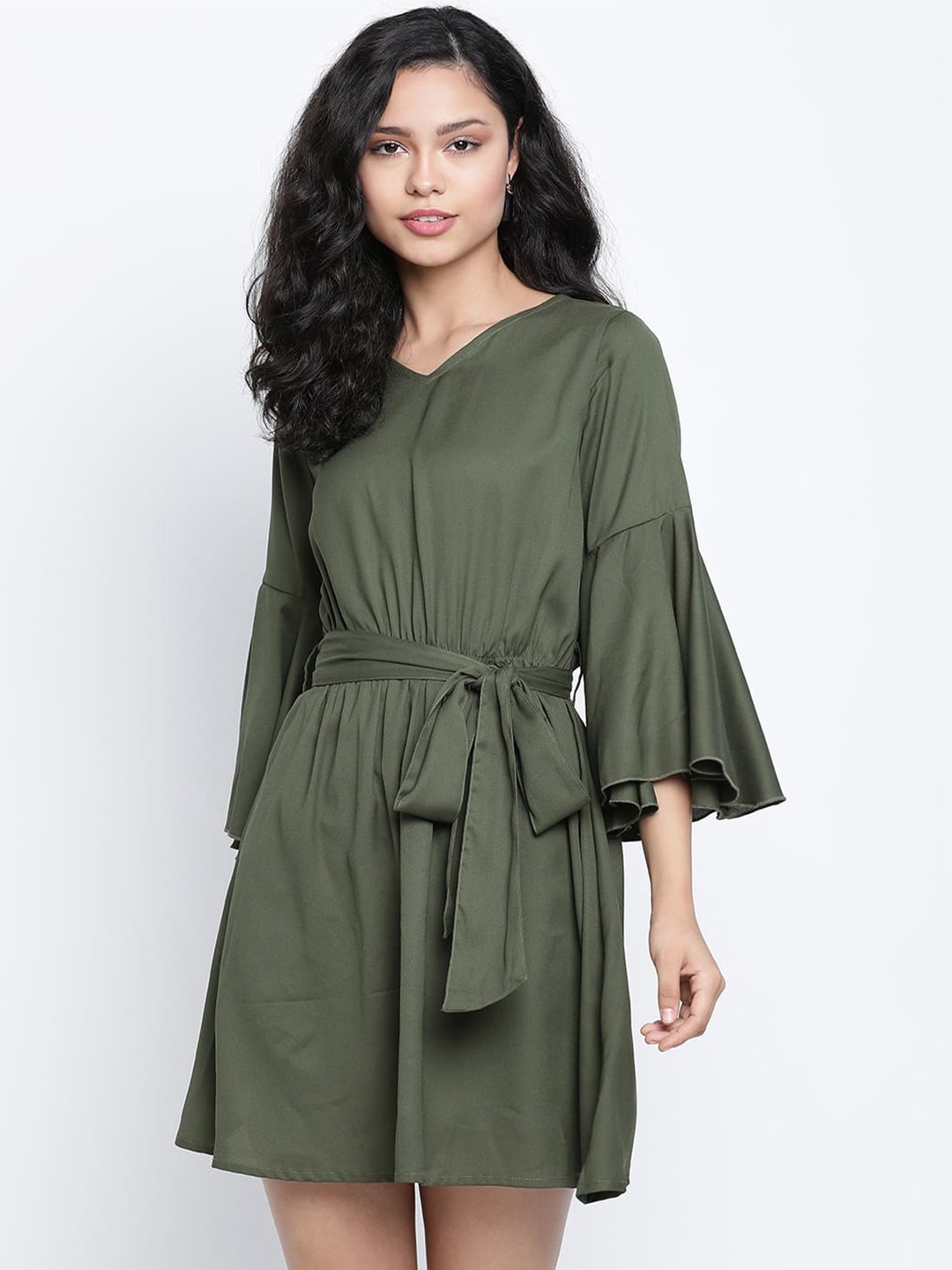 

DRAAX Fashions V-Neck Bell Sleeves A-Line Dress, Green