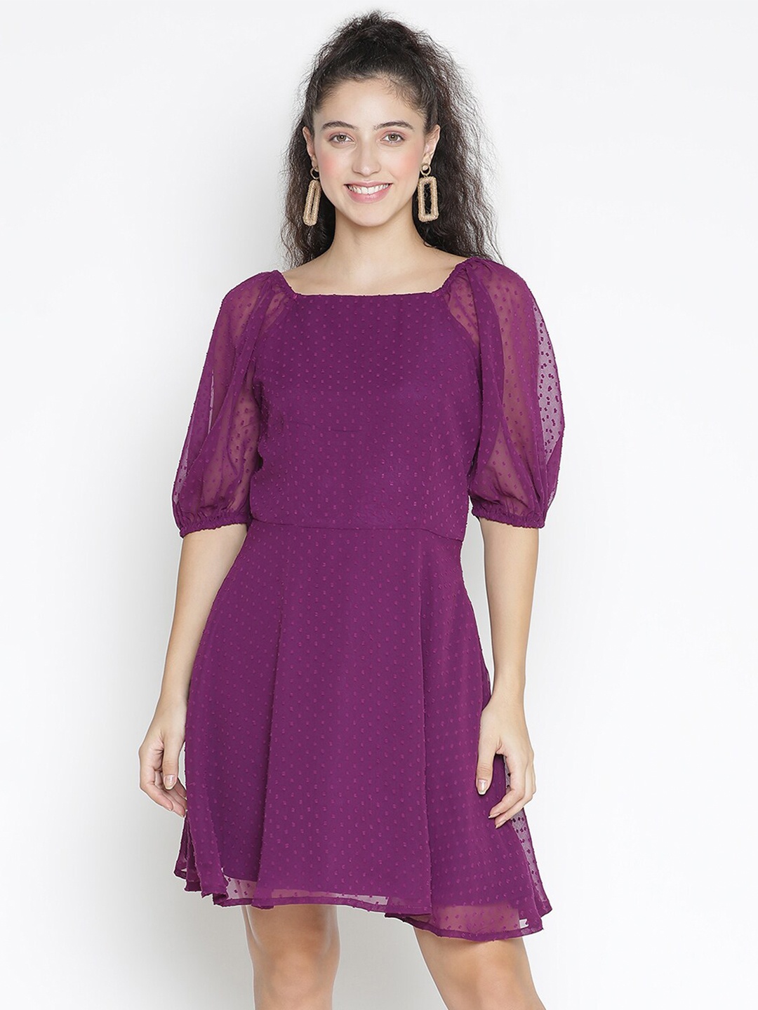 

DRAAX Fashions Self Design Puff Sleeves A-Line Dress, Purple