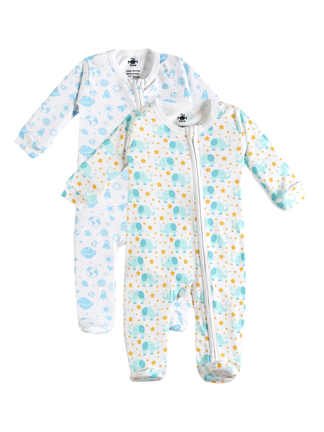 

The Mom Store Infants Pack Of 2 Printed Pure Cotton Sleepsuits, White