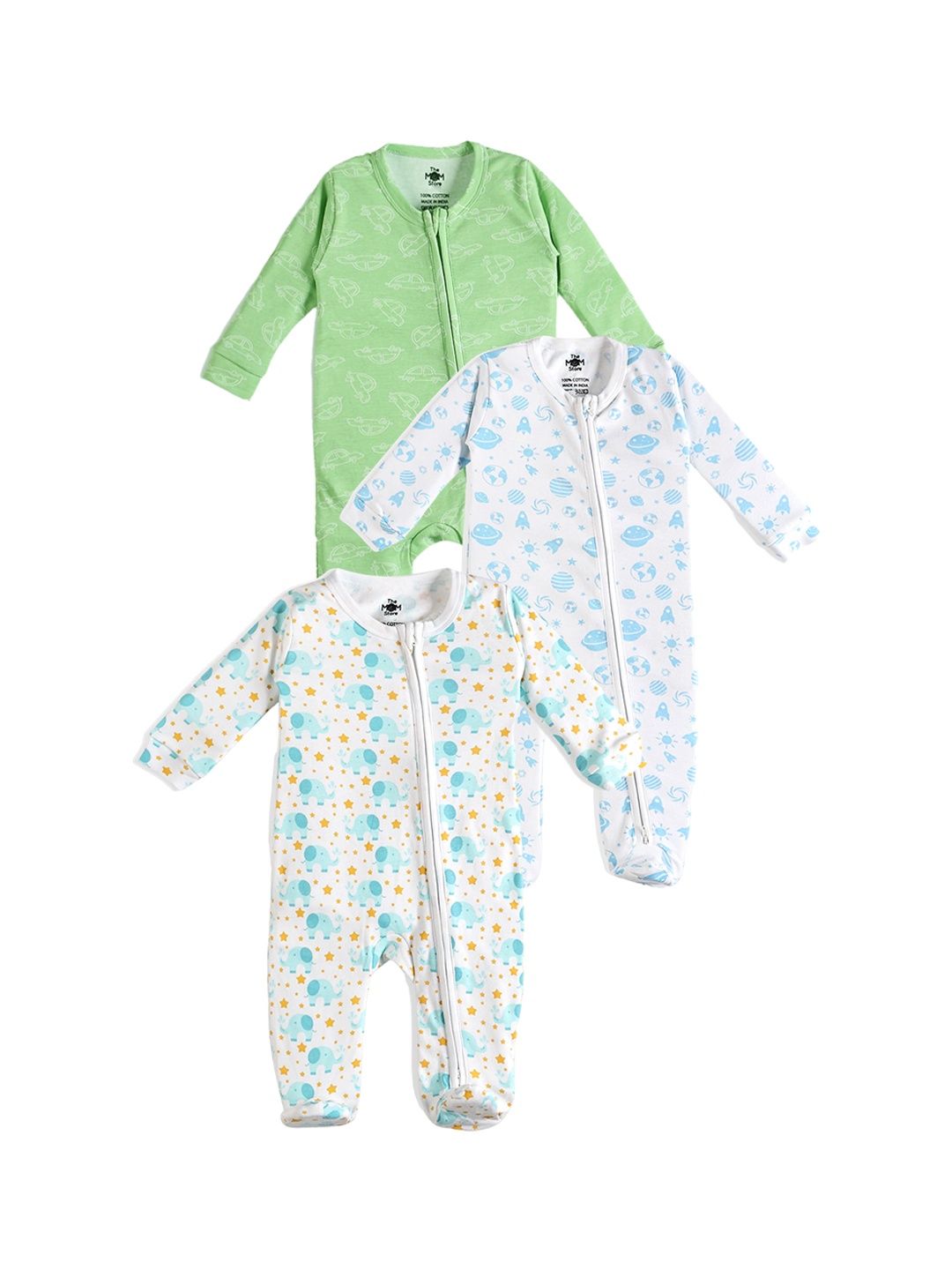 

The Mom Store Infants Pack Of 3 Printed Cotton Sleepsuits, Green