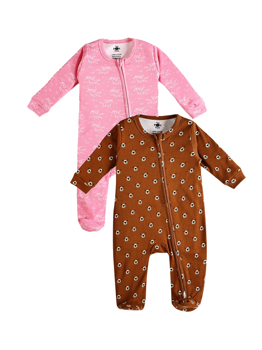 

The Mom Store Infants Pack Of 2 Printed Pure Cotton Sleepsuits, Pink