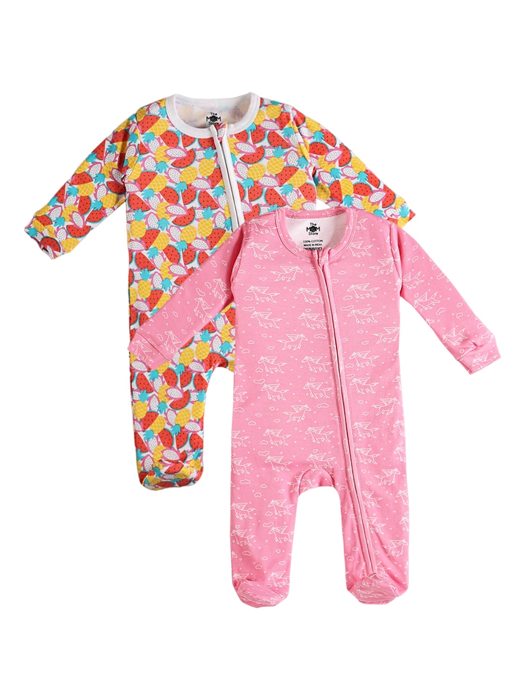 

The Mom Store Infants Pack Of 2 Printed Cotton Sleepsuits, Pink