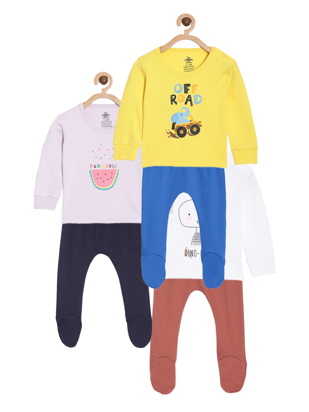 

The Mom Store Kids Set Of 3 Printed Pure Cotton T-shirts With Pyjamas, Purple