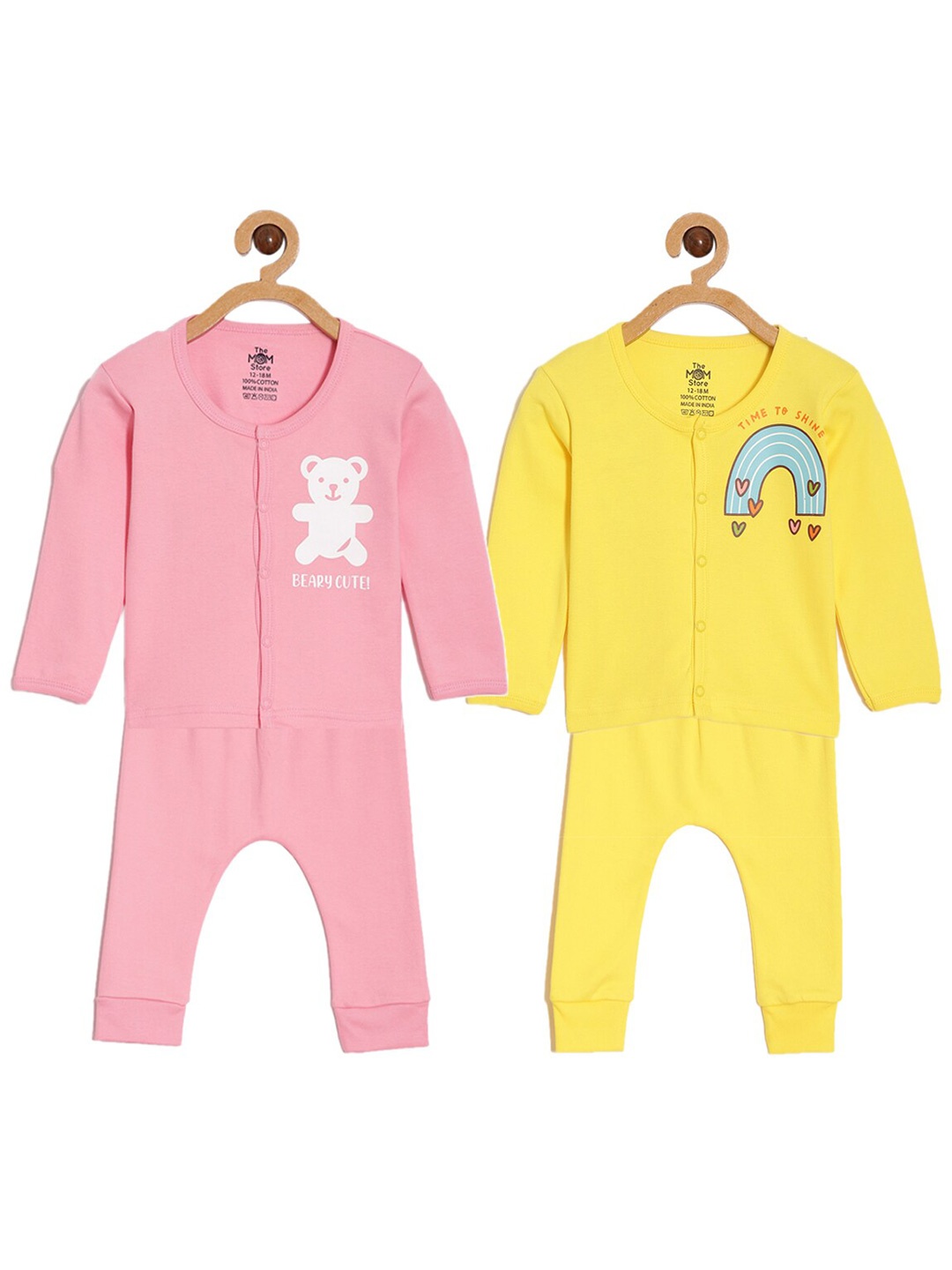 

The Mom Store Kids Set Of 2 Printed Pure Cotton T-shirts With Pyjamas, Yellow