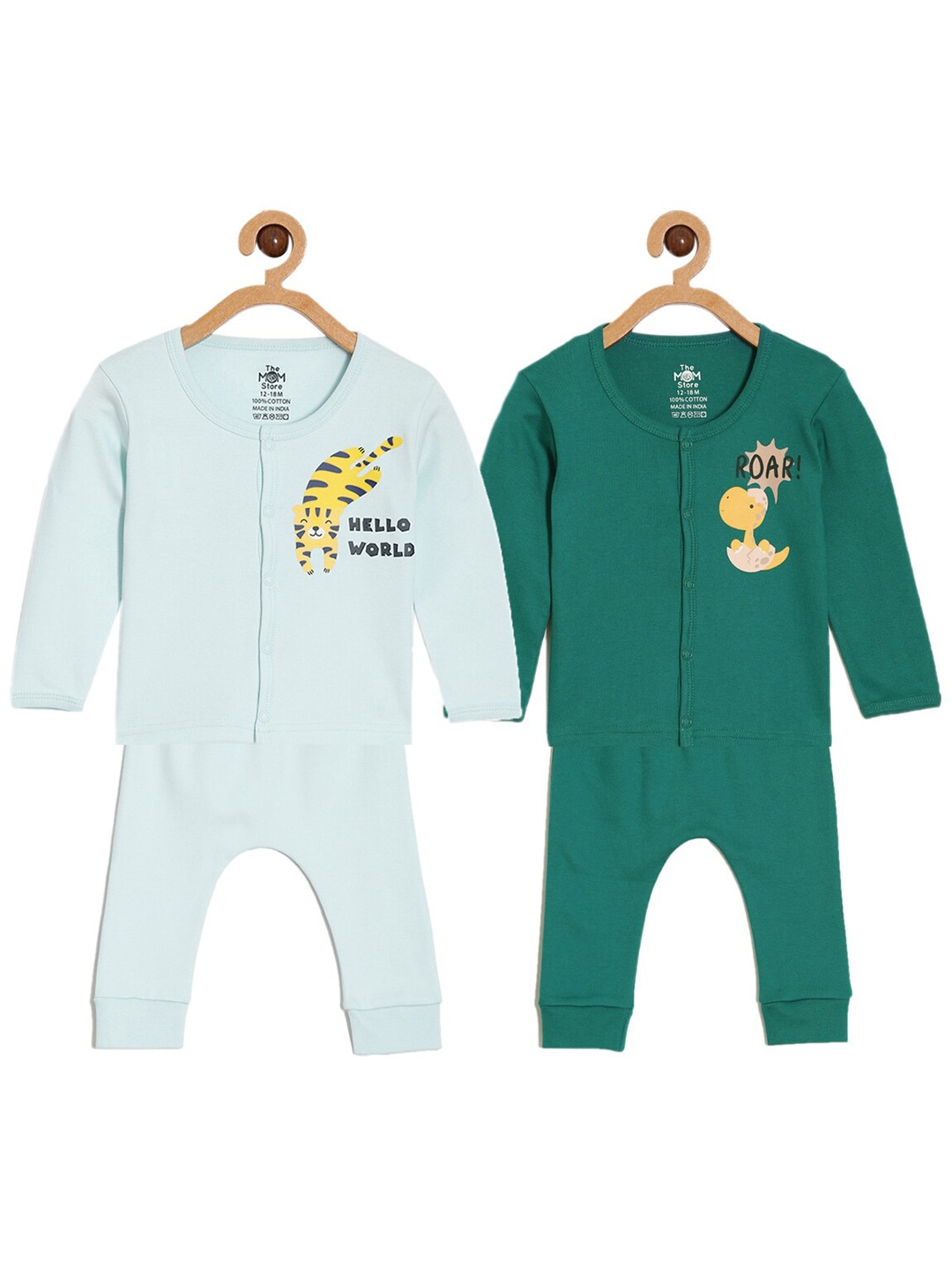 

The Mom Store Kids Set Of 2 Printed Pure Cotton T-shirts With Pyjamas, Green