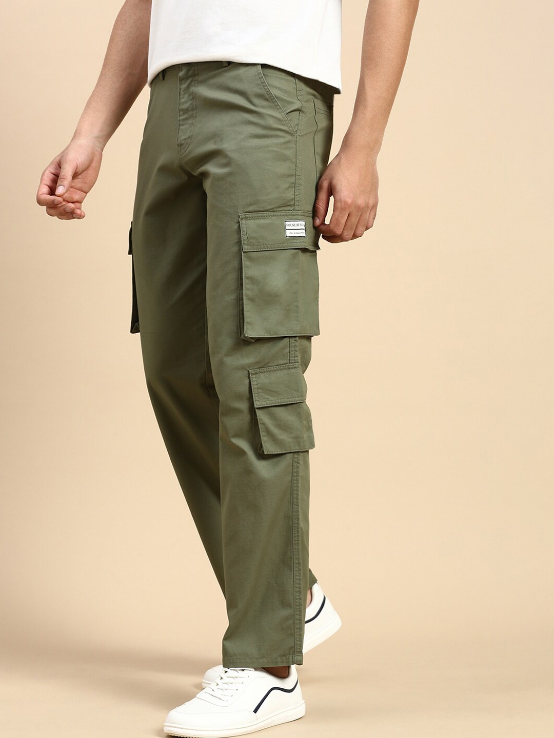 

House of Koala Unisex Relaxed Fit Mid Rise Pure Cotton Cargos Trousers, Olive