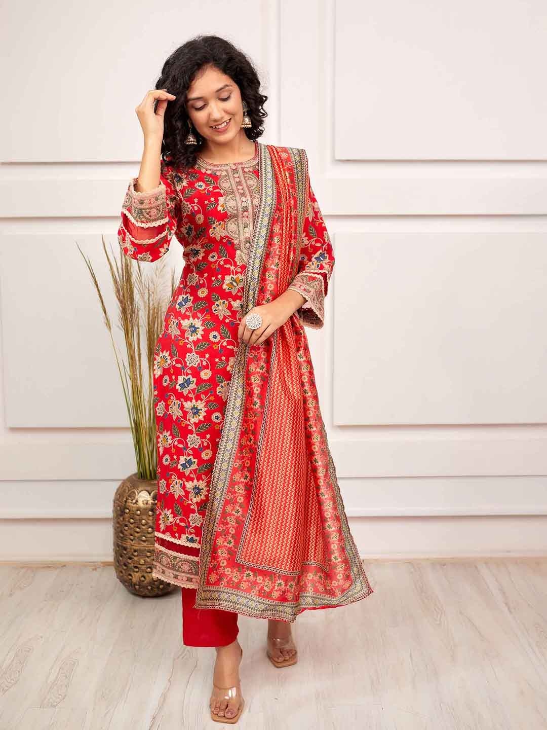 

KALINI Floral Printed Thread Work Straight Kurta & Trousers With Dupatta, Red