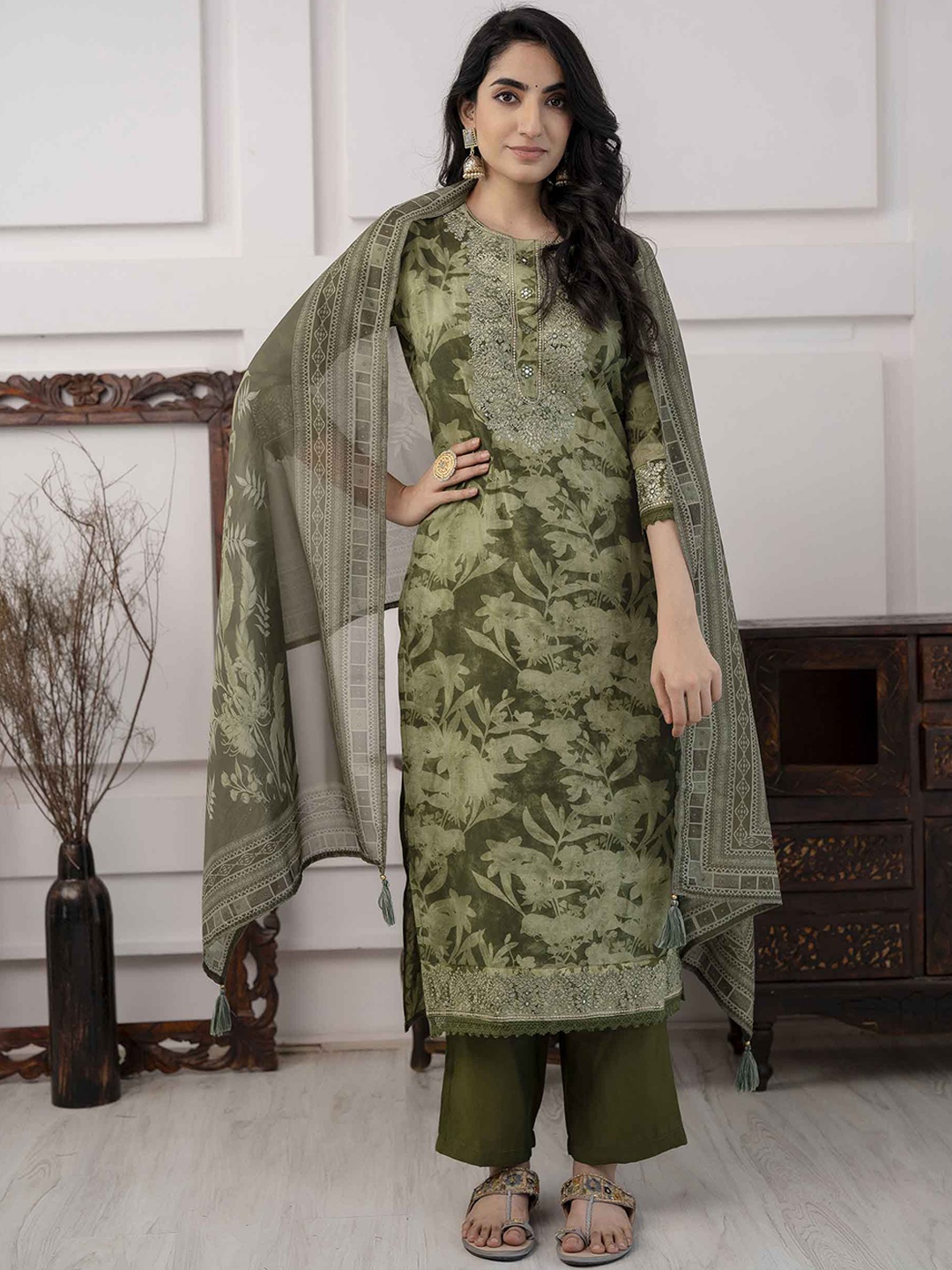 

KALINI Floral Printed Regular Mirror Work Kurta With Trousers & Dupatta, Green