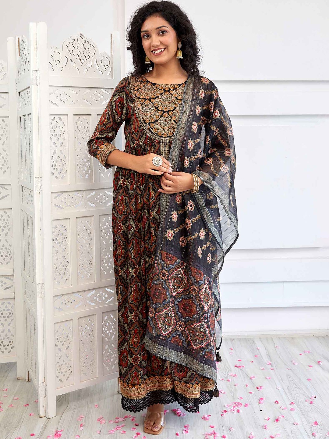 

KALINI Ethnic Motifs Printed Zari Pleated A-Line Kurta With Trousers & Dupatta, Black