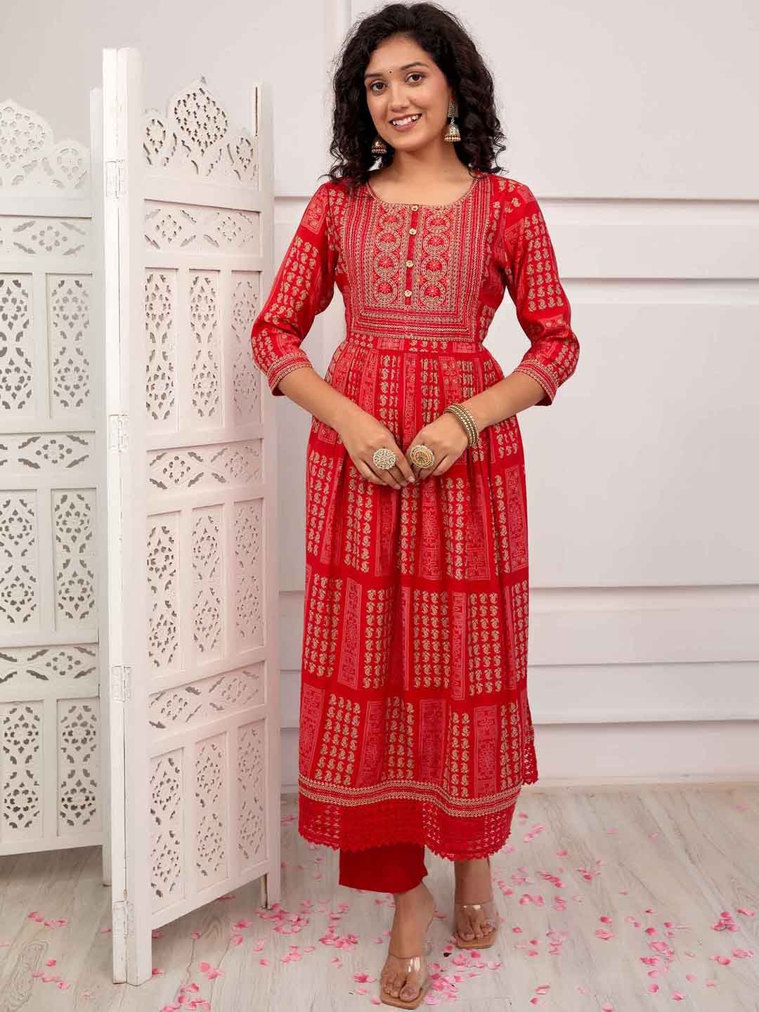 

KALINI Paisley Printed Pleated Thread Work A-Line Kurta with Trousers & With Dupatta, Red