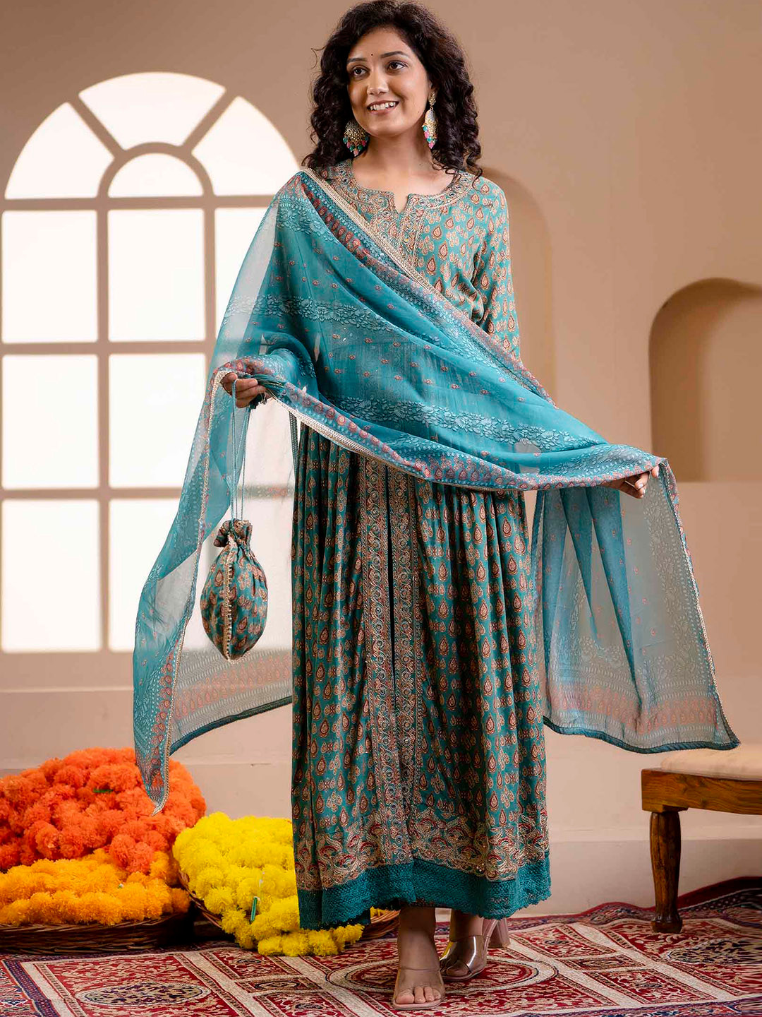 

KALINI Floral Foil Printed A-Line Mirror Work Kurta With Trousers & Dupatta Potli Bag, Green