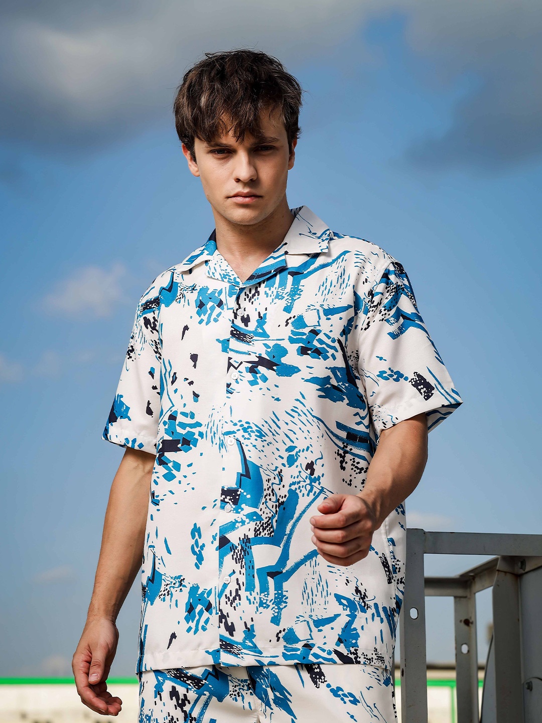 

House of Koala Unisex Abstract Printed Cuban Collar Relaxed Fit Resort Shirt, Cream