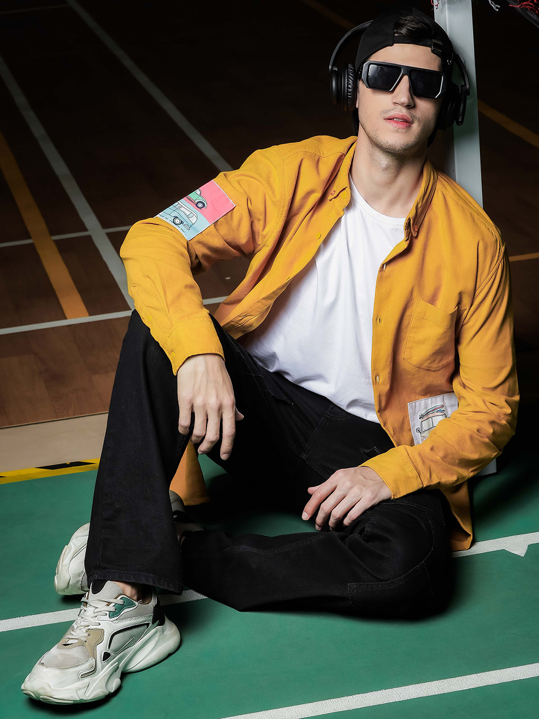 

House of Koala Unisex Relaxed Button-Down Collar Resort Patchwork Corduroy Casual Shirt, Yellow