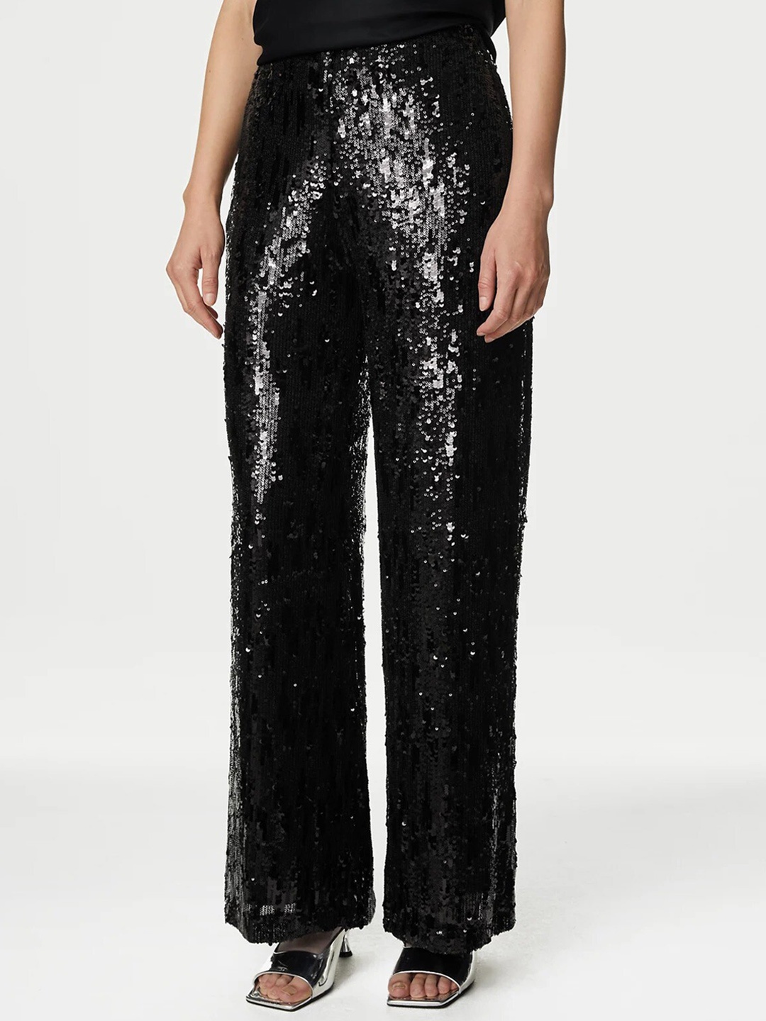 

Marks & Spencer Women Embellished Wide Leg Flared High-Rise Parallel Trousers, Black