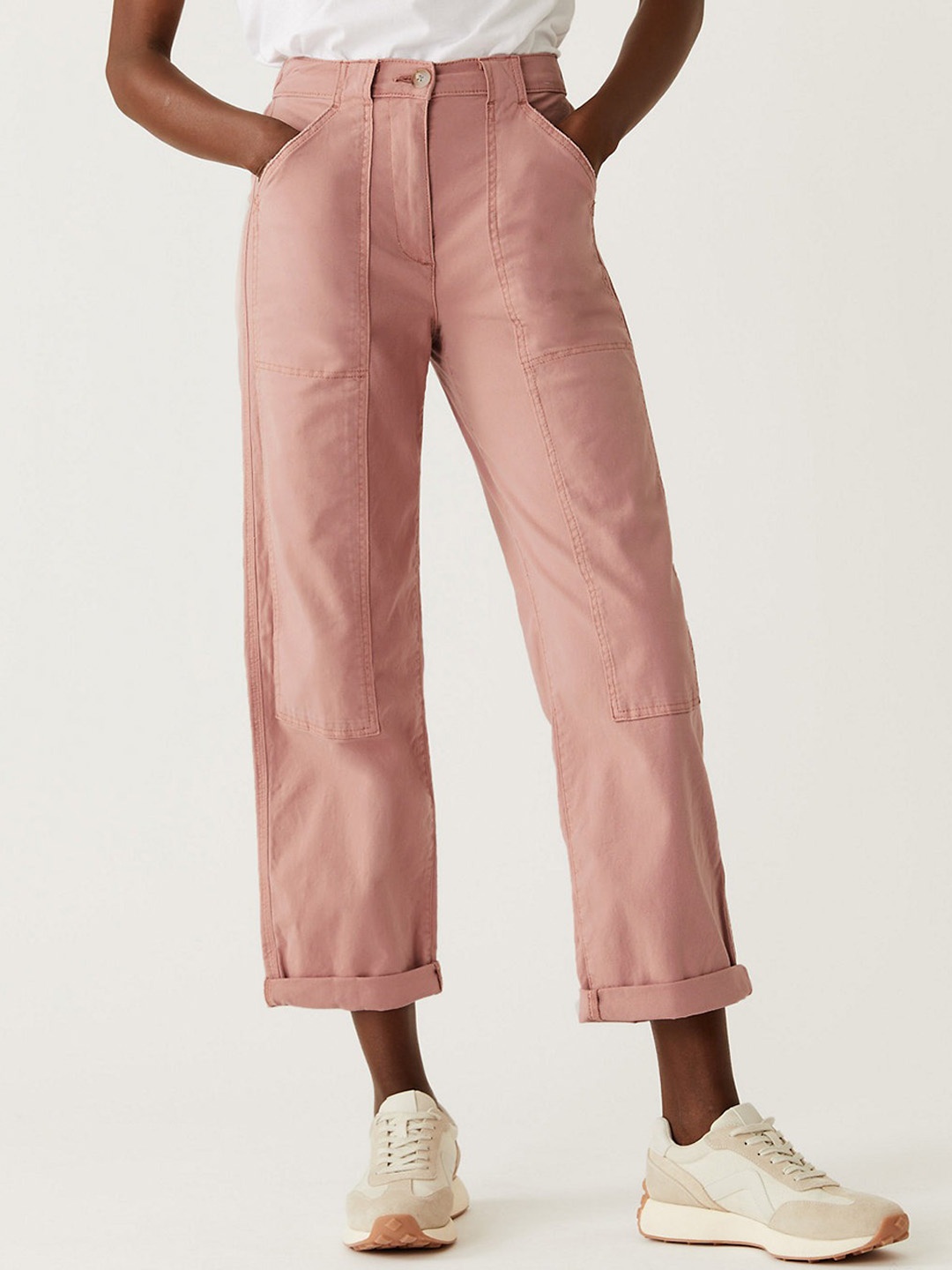 

Marks & Spencer Women Straight Fit High-Rise Trousers, Peach