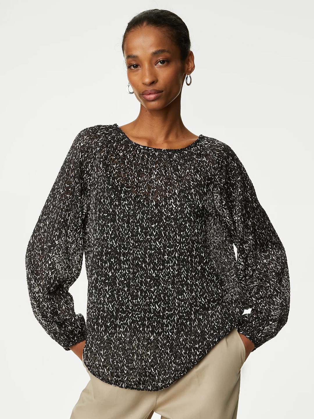 

Marks & Spencer Abstract Printed Puff Sleeves Top, Black