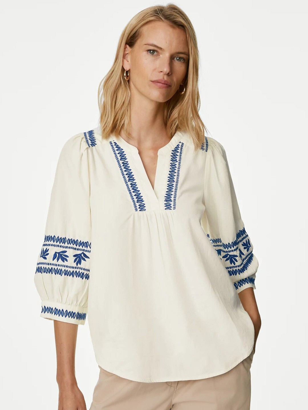 

Marks & Spencer Ethnic Embroidered Puff Sleeves Mandarin Collar A-Line Pure Cotton Top, White