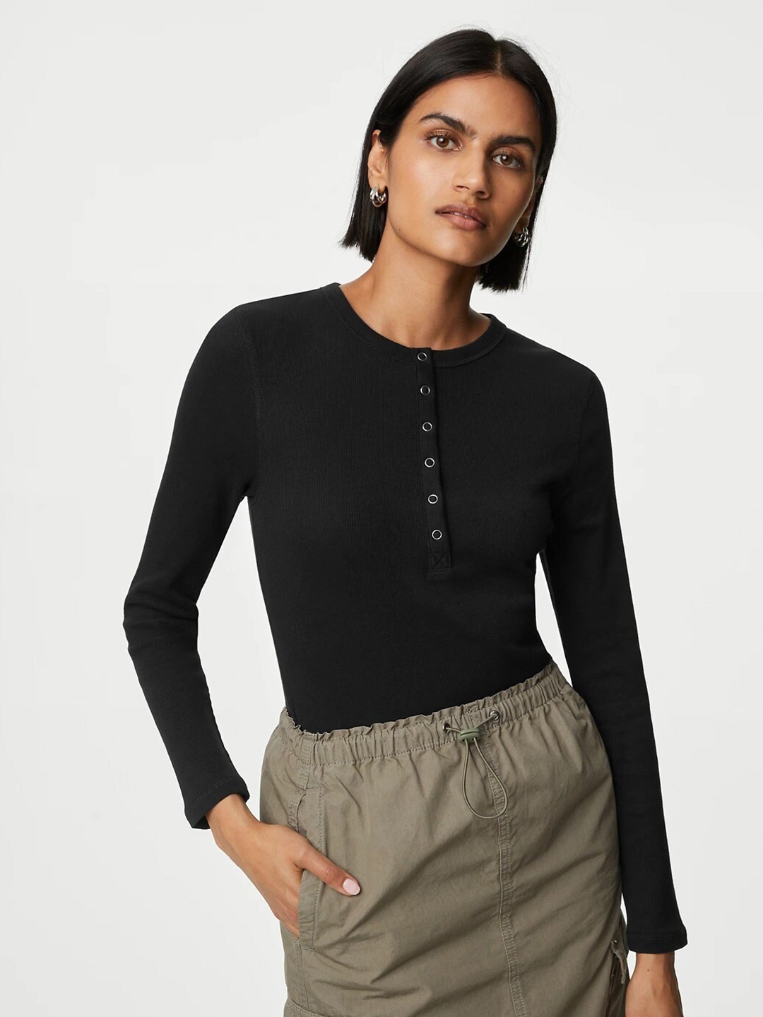 

Marks & Spencer Henley Neck Long Sleeves Knitted Fitted Top, Black