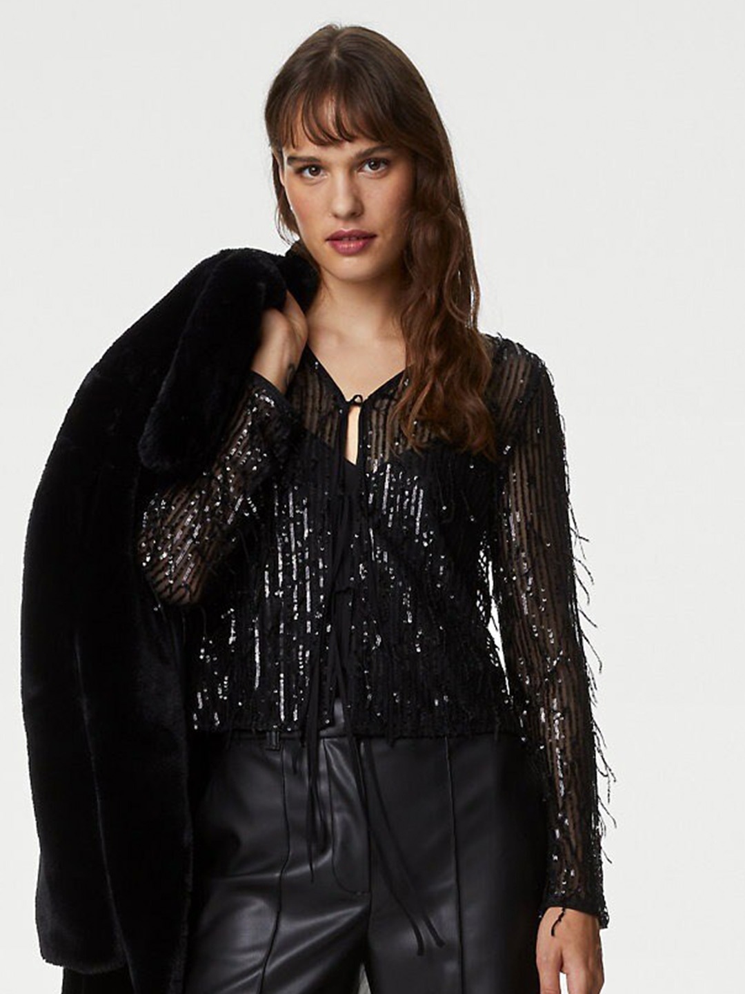 

Marks & Spencer Embellished Tie-Up Neck Fringed Top With Camisole, Black