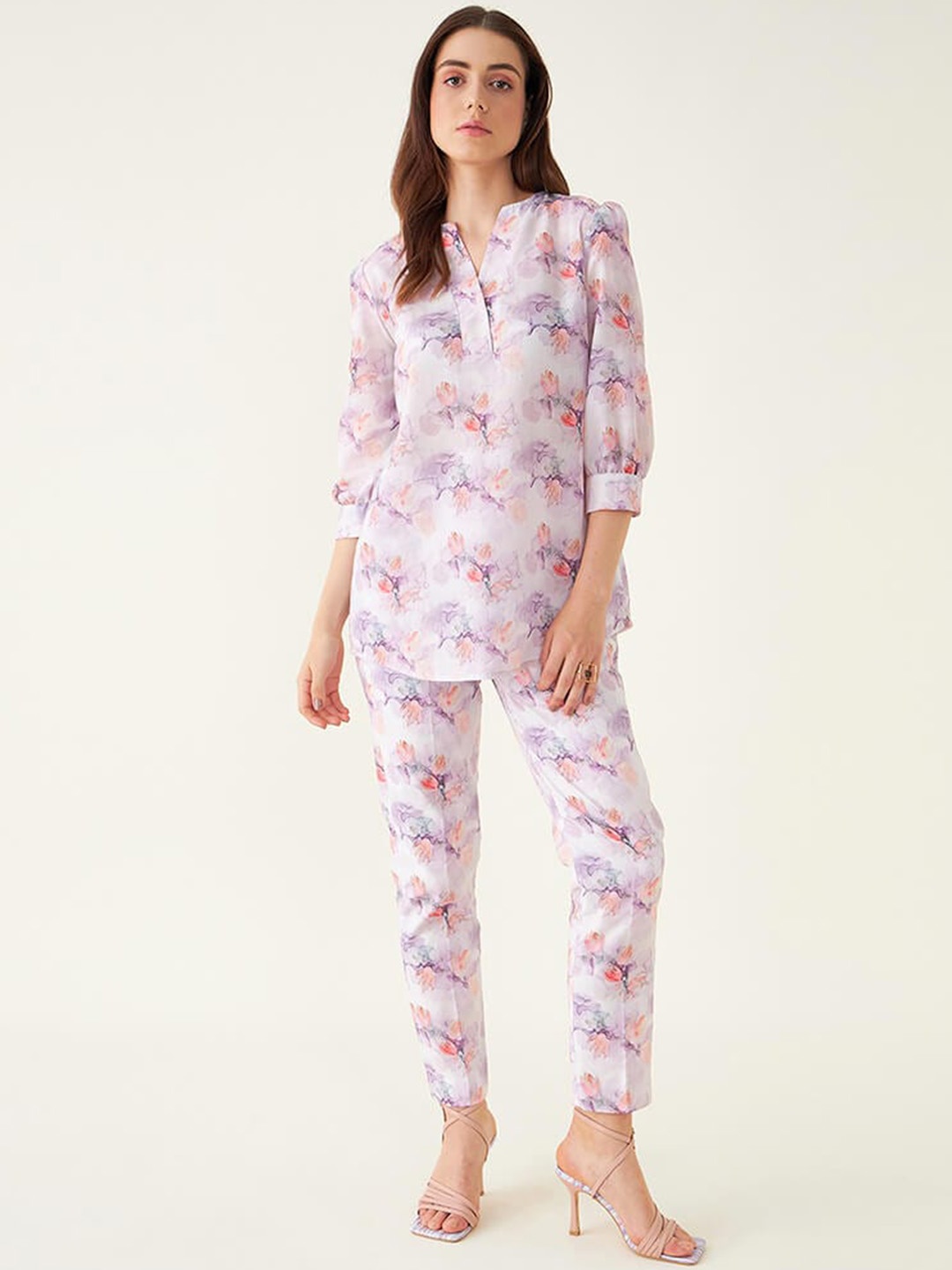 

SALT ATTIRE Floral Printed Pure Cotton Tunic With Trousers, Purple