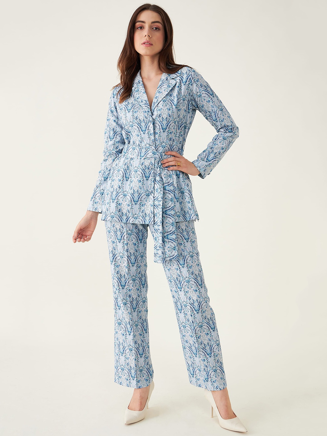 

SALT ATTIRE Ethnic Motifs Printed Coat With Trousers, Blue