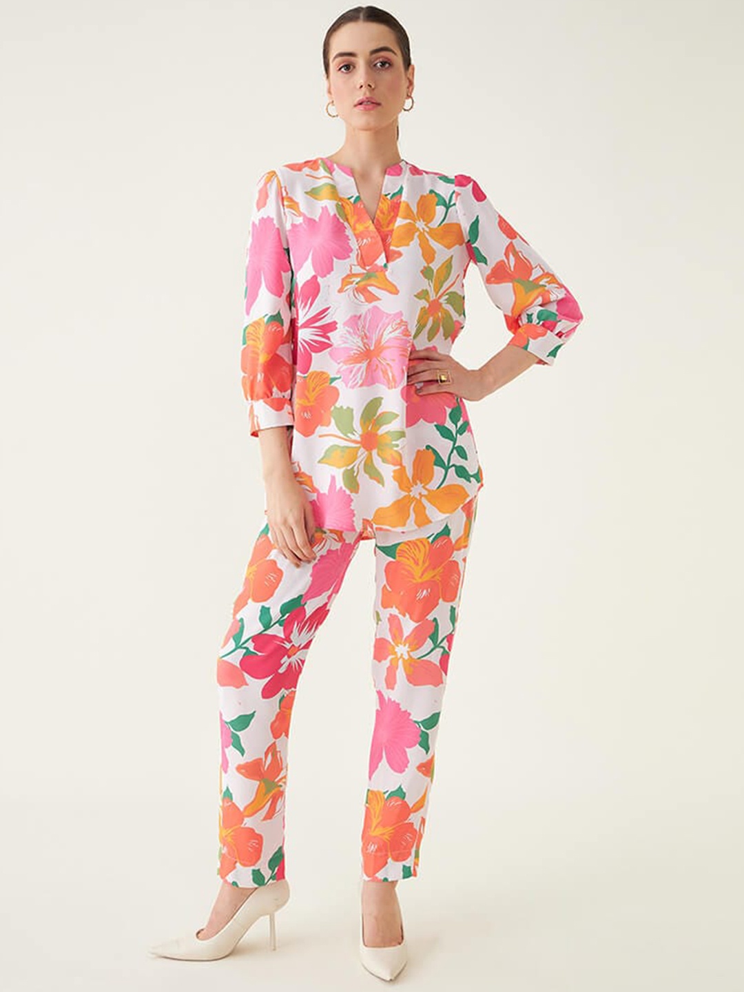 

SALT ATTIRE Floral Printed Top With Trousers, White