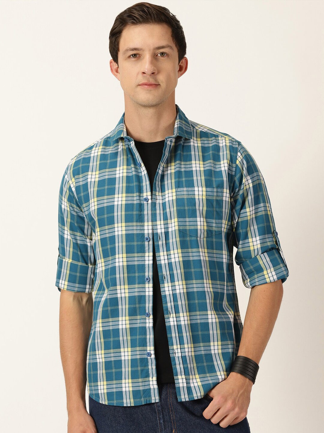 

Moda Rapido Classic Slim Fit Tartan Checked Pure Cotton Casual Shirt, Teal
