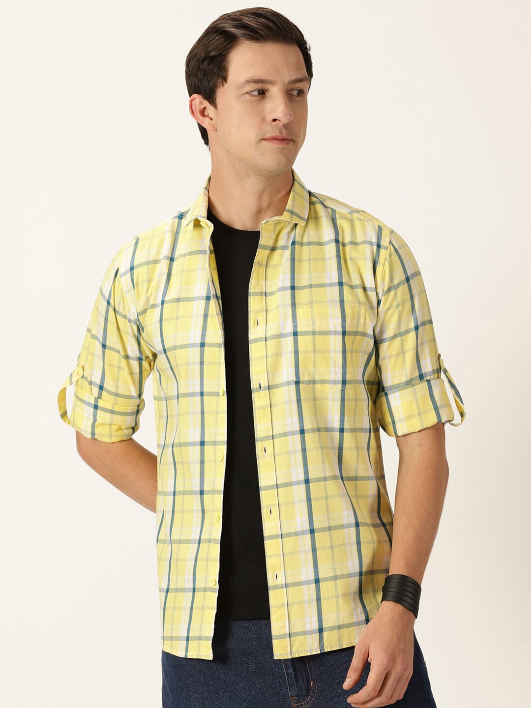 

Moda Rapido Classic Slim Fit Tartan Checked Twill Weave Pure Cotton Casual Shirt, Yellow