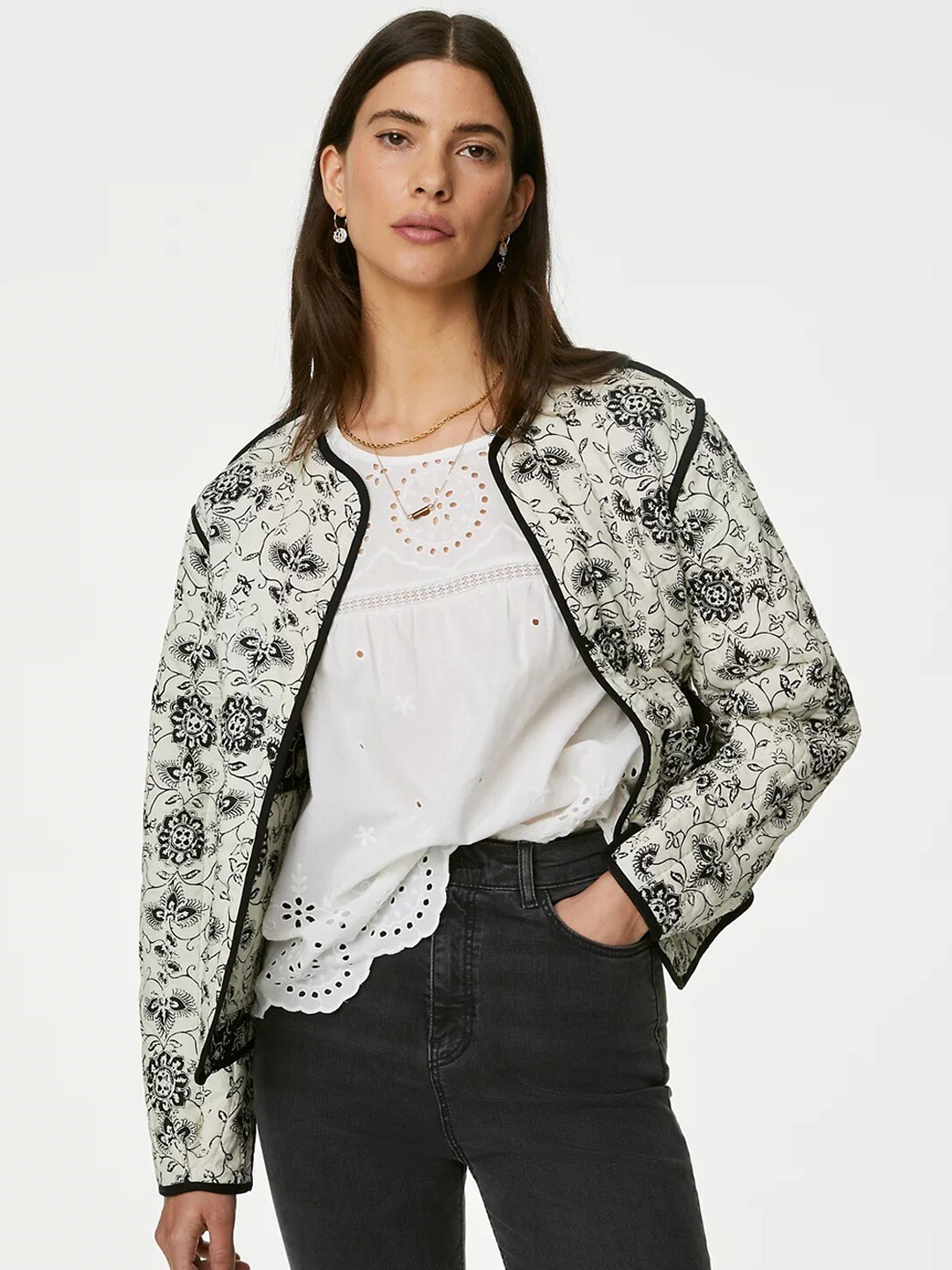 

Marks & Spencer Floral Printed Collarless Reversible Quilted Pure Cotton Open Front Jacket, Black