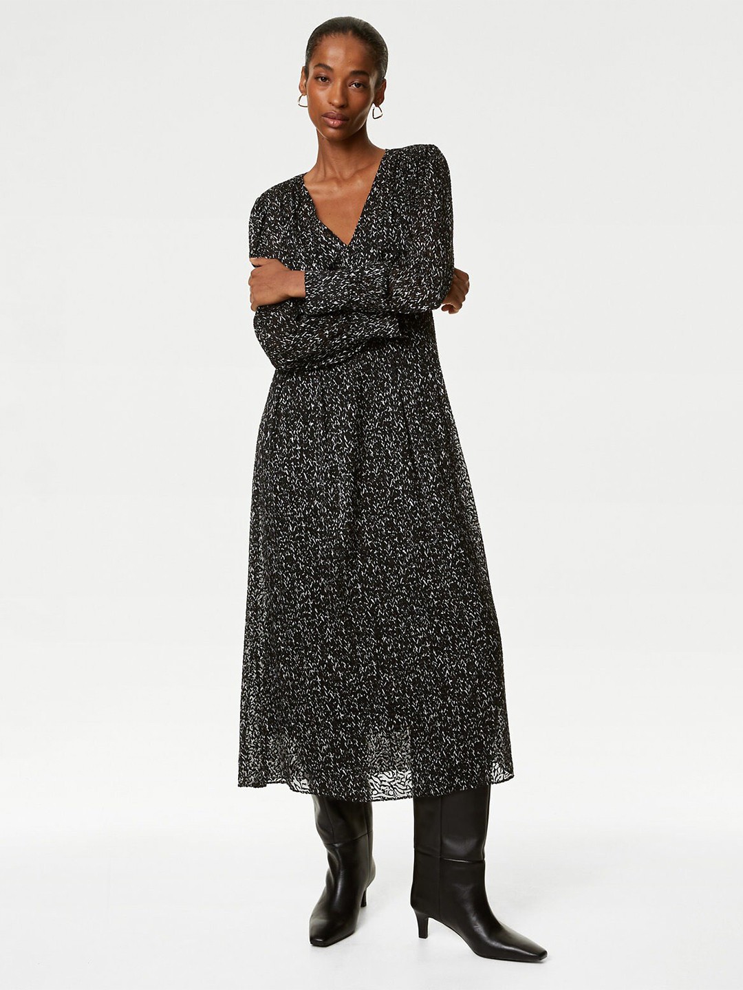 

Marks & Spencer Abstract Printed V-Neck Gathered A-Line Dress, Black