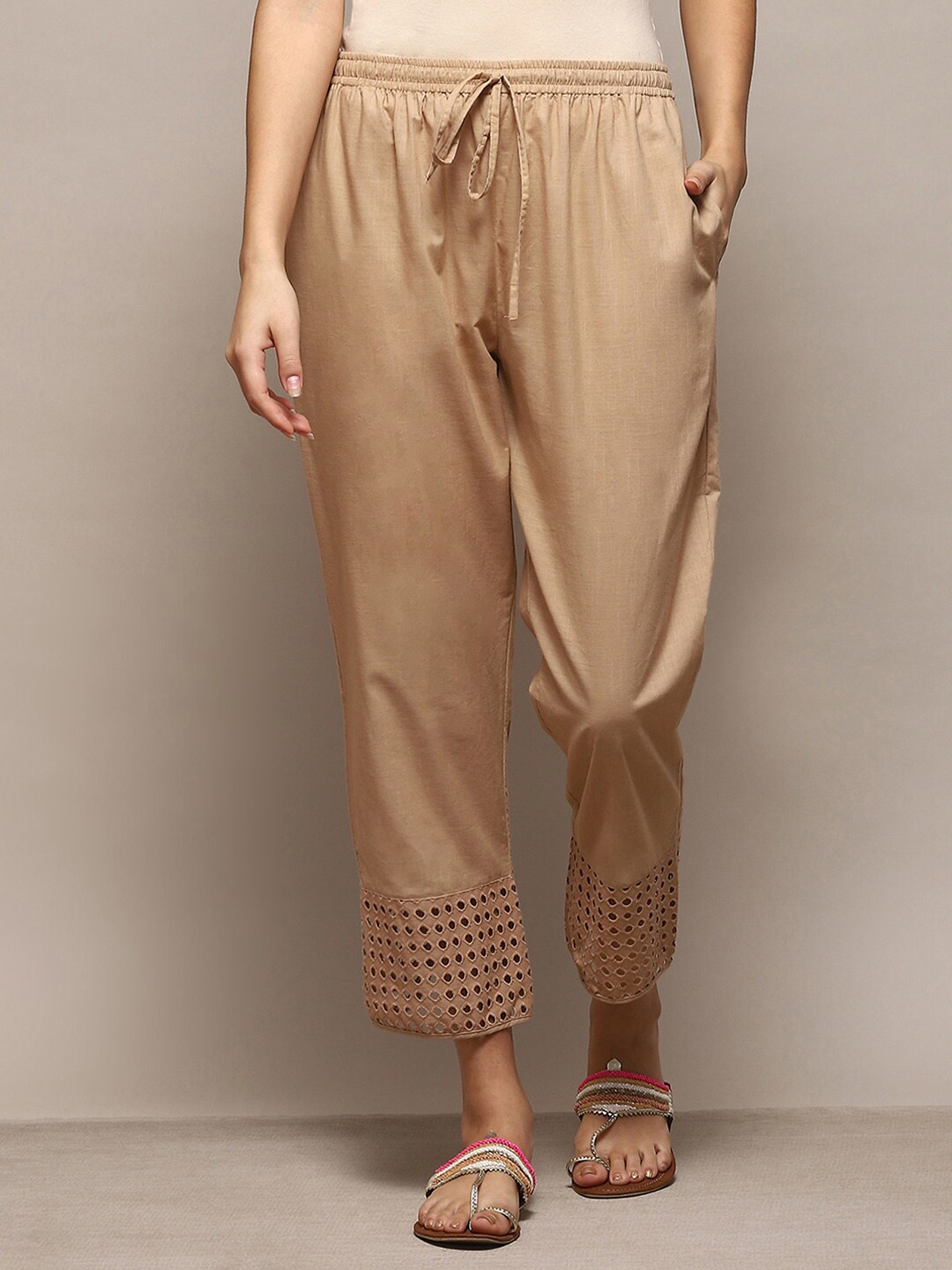 

Biba Women Self Designed Straight Cotton Palazzos, Beige