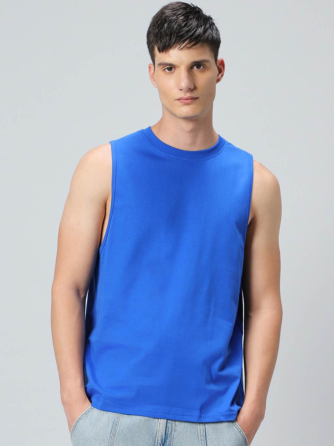 

Bewakoof Blue Round Neck Oversized Cotton Basic Innerwear Vest