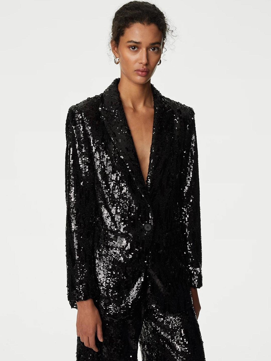 

Marks & Spencer Sequinned Notched Lapel Single-Breasted Blazer, Black
