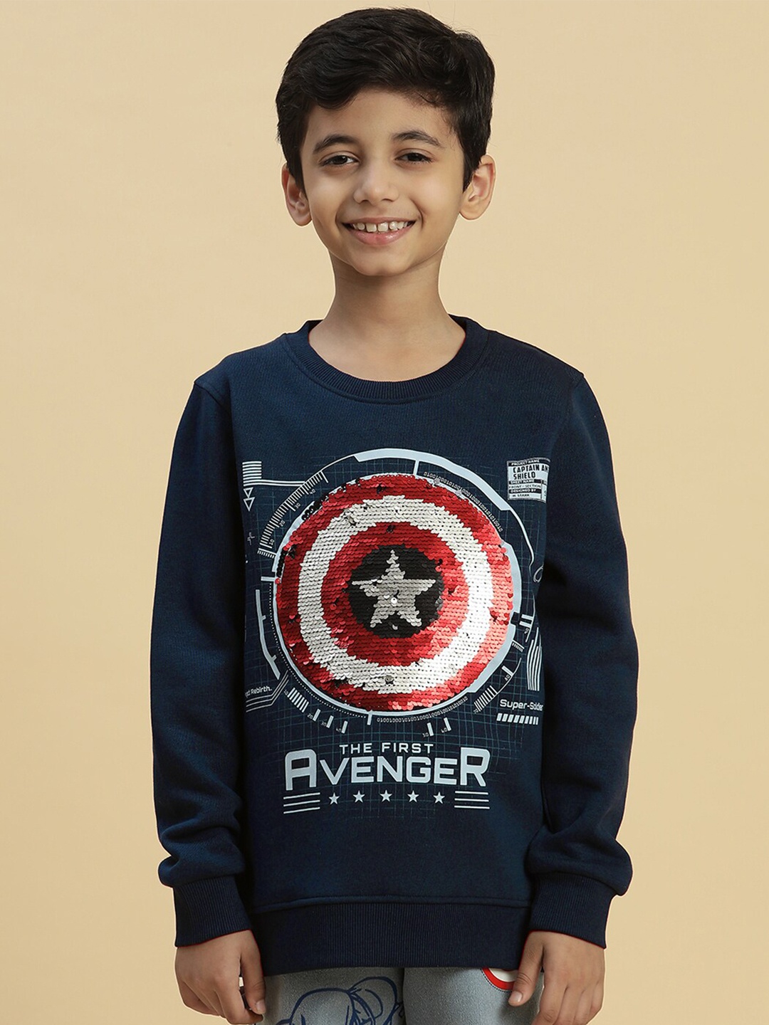 

Kids Ville Boys Captain America Printed Sequinned Pullover Sweatshirt, Navy blue