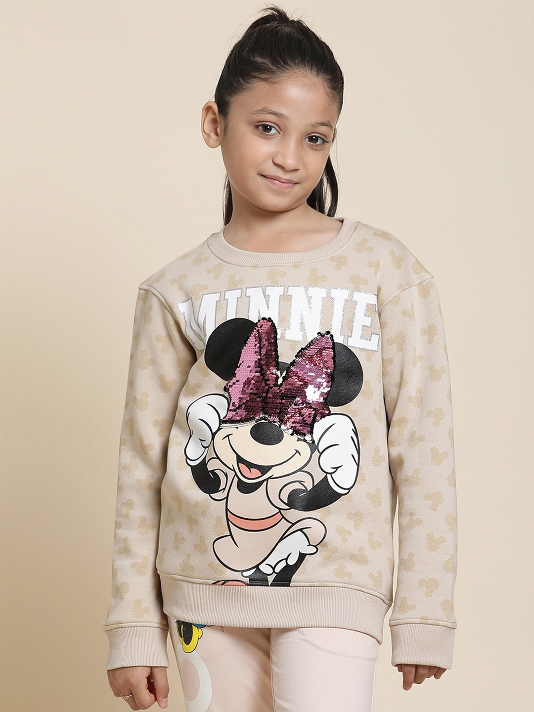 

Kids Ville Girls Minnie Mouse Printed Sequinned Pullover Sweatshirt, Brown