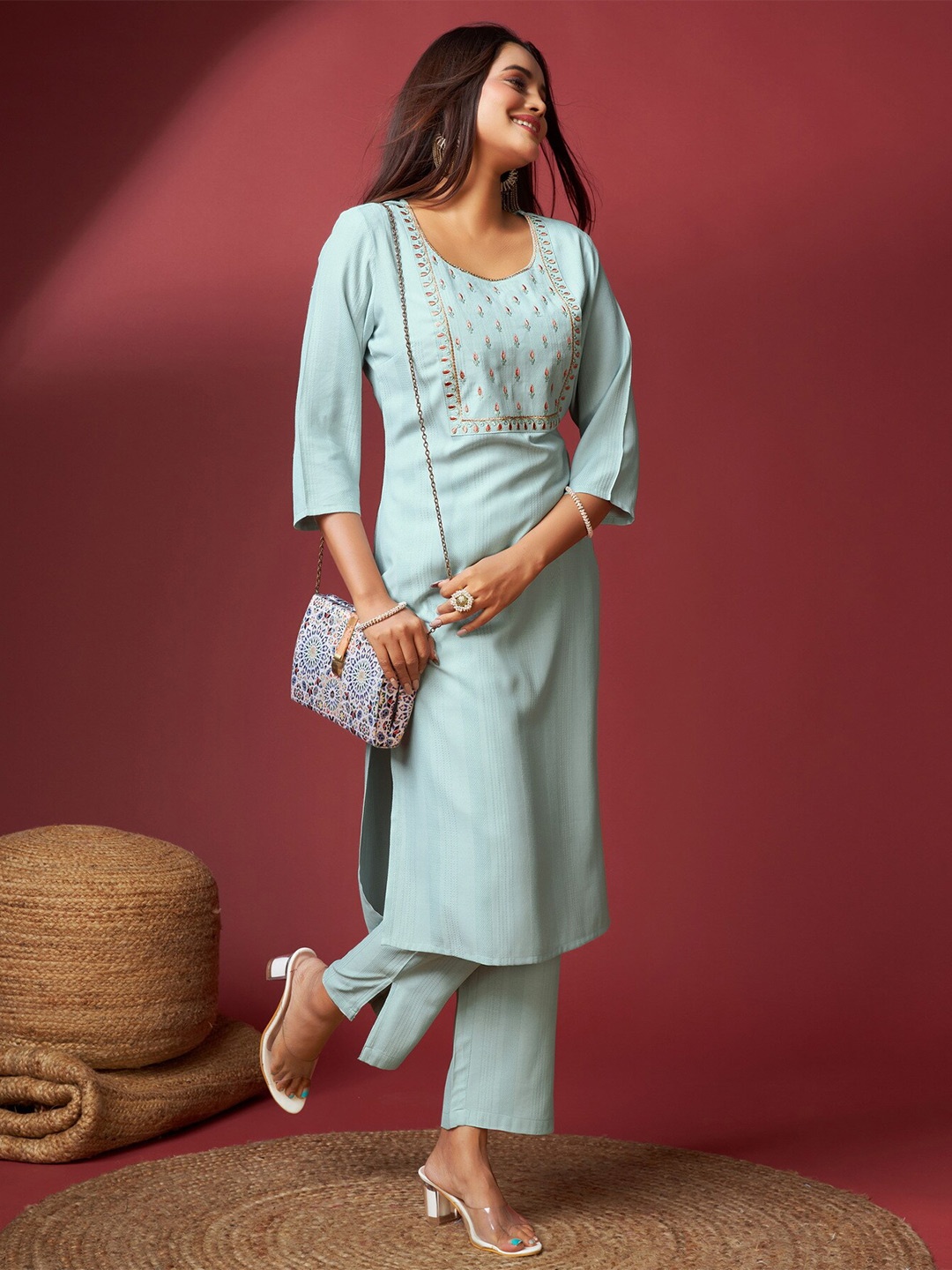 

soan Embroidered Straight Kurta Set, Sea green