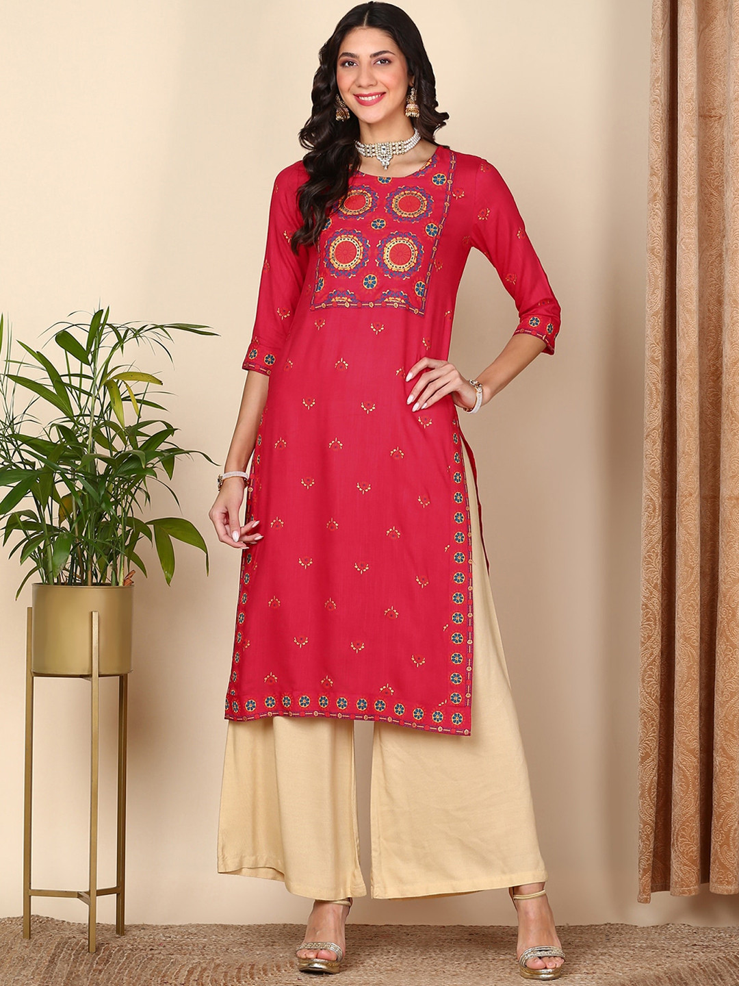 

HERE&NOW Ethnic Motifs Printed Straight Kurta, Fuchsia