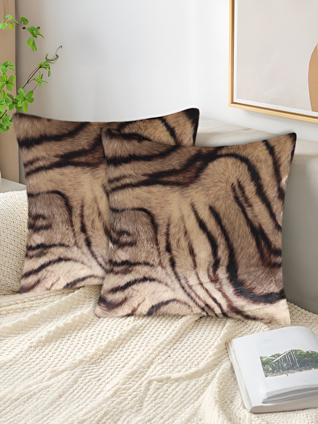

Tesmare Brown & Coffee Brown 2 Pieces Animal Printed Velvet Square Cushion Covers