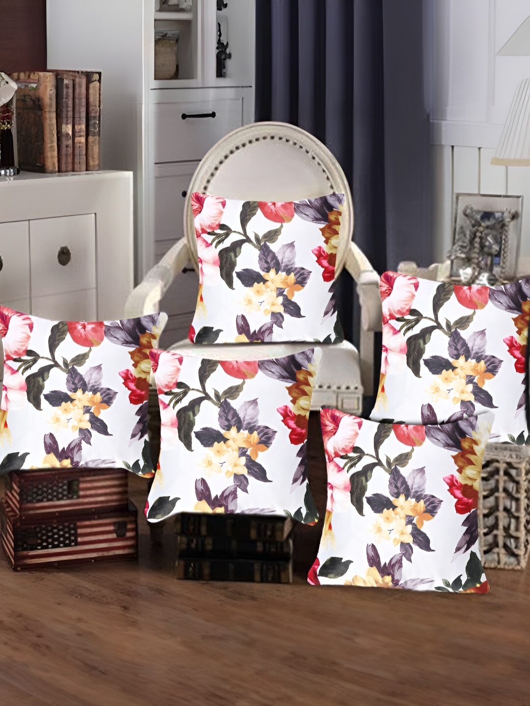 

Tesmare Off White & Purple 5-Pieces Floral Printed Velvet Square Cushion Covers