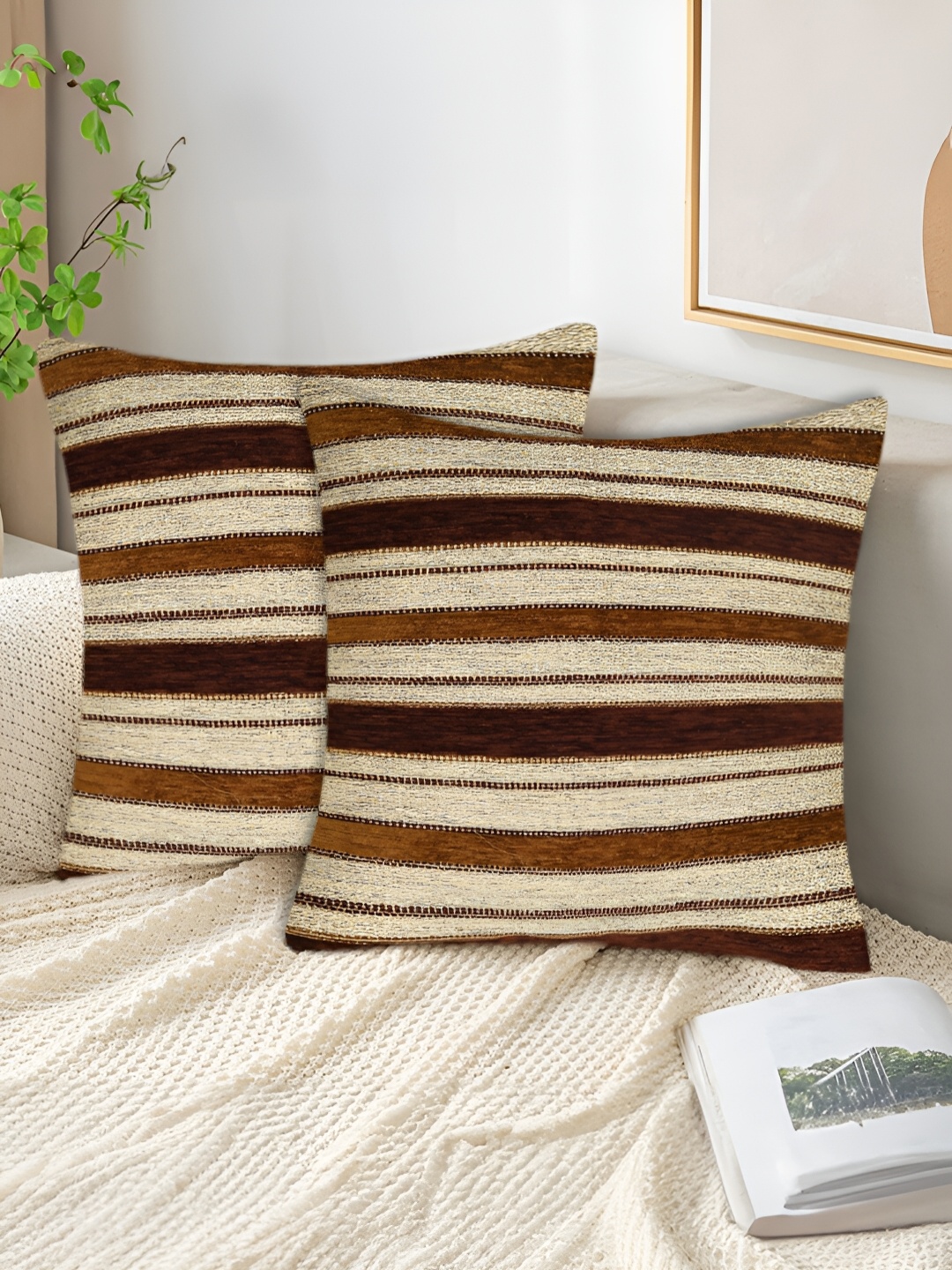 

Tesmare Brown & Beige 2 Pieces Striped Square Cushion Covers