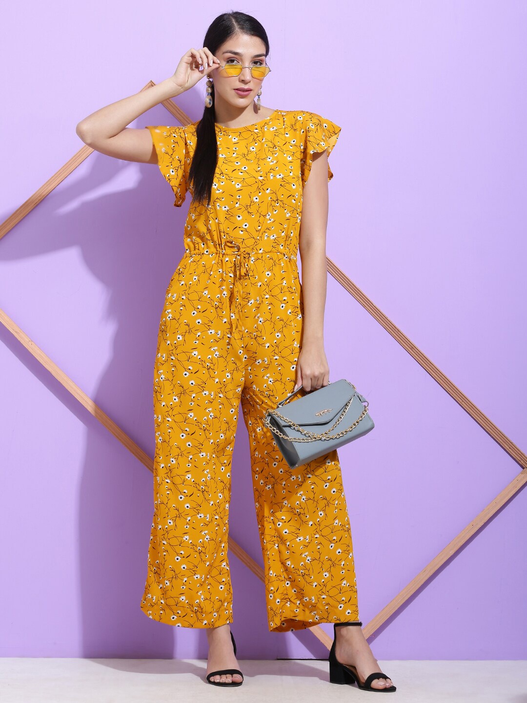 

SQew Floral Printed Basic Jumpsuit, Mustard