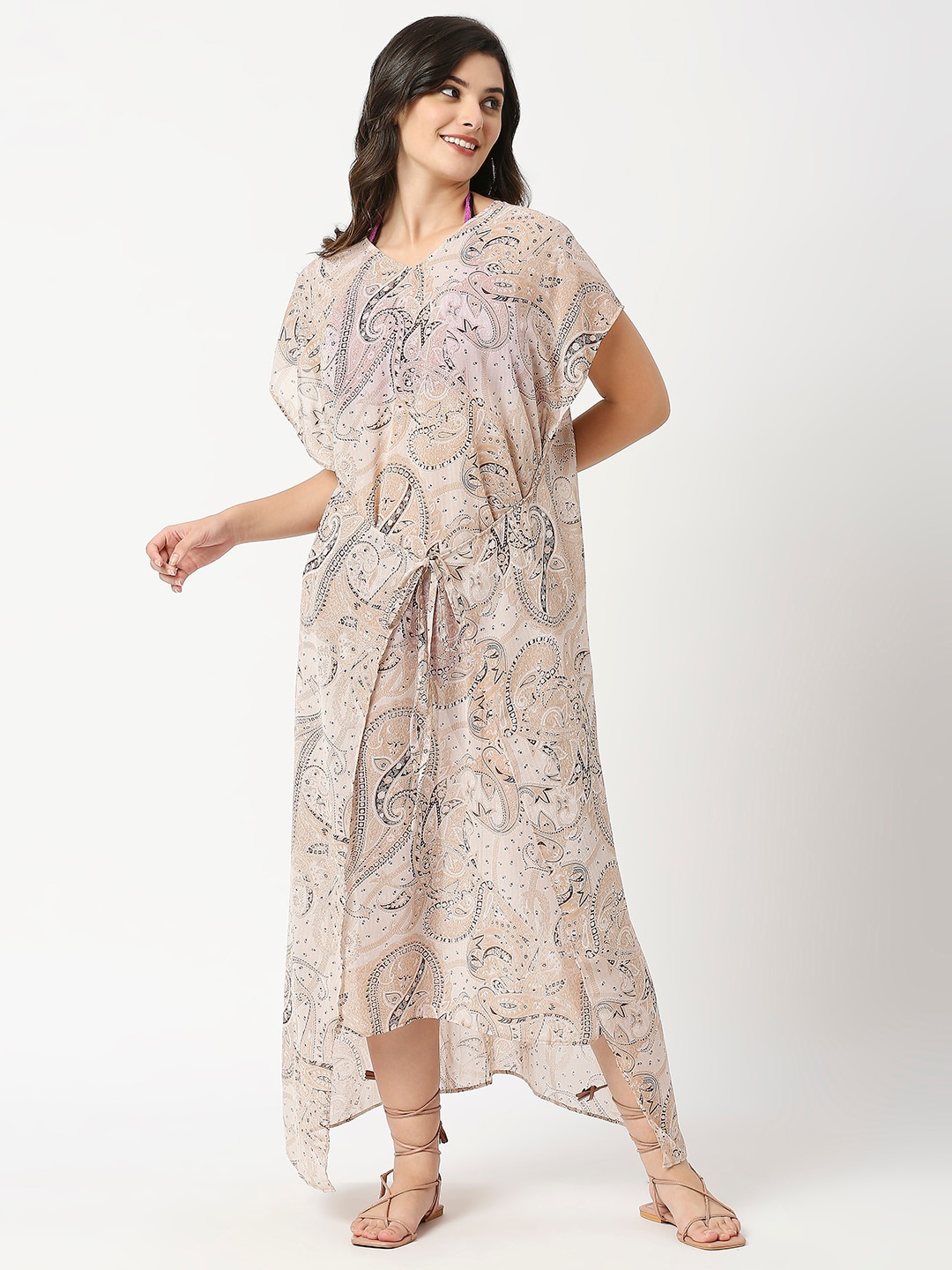 

ANWAIND Paisley Printed Tie up Cover up Top, Beige