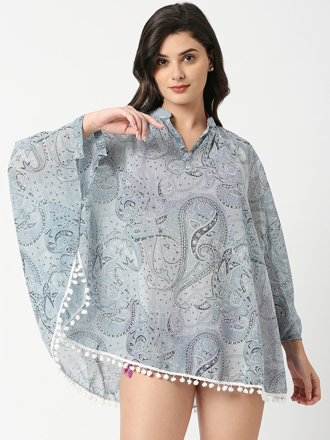 

ANWAIND Blue Paisley Printed Georgette Mini Cover Up Top
