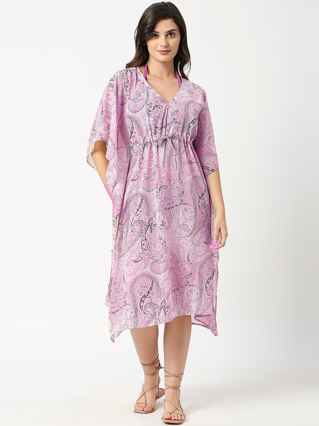 

ANWAIND Pink Paisley Printed Medium Coverage V-Neck Swimwear Cover up Top