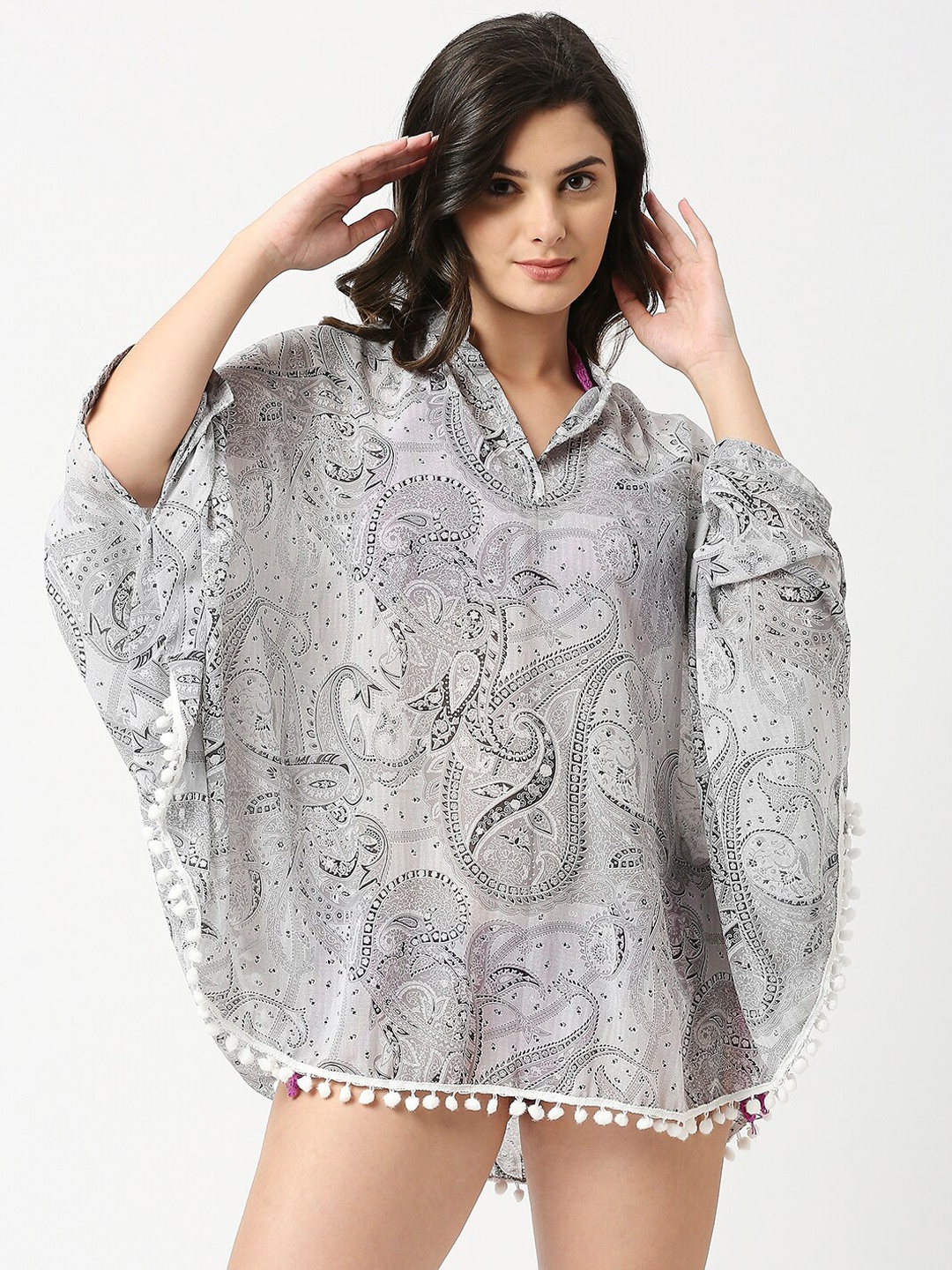 

ANWAIND Grey Paisley Printed Mandarin Collar Low Coverage Mini Cover Up Top
